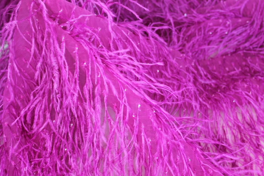 Beads and Ostrich Feathers on Tulle - Magenta