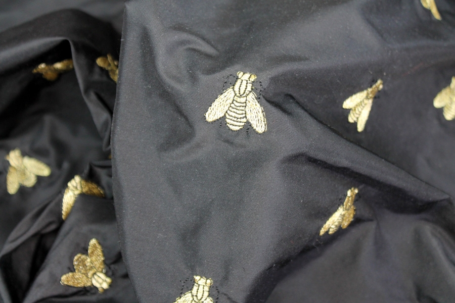 Silk Dupion Embroidered with Bees - Black / Gold
