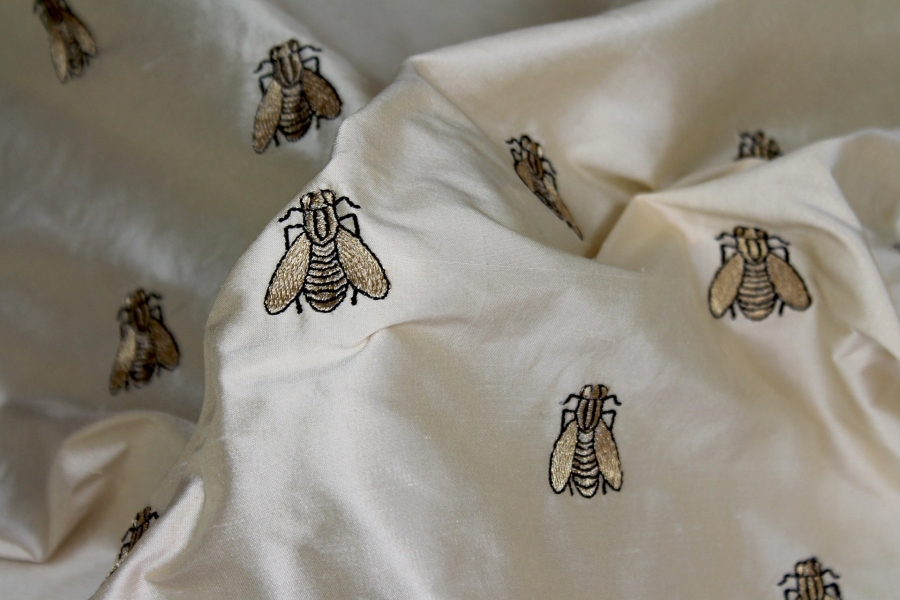 Silk Dupion Embroidered with Bees - Cream / Gold
