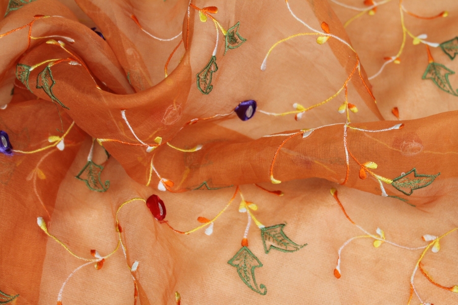 Orange Silk Organza with Ribbon Flower Embroidery