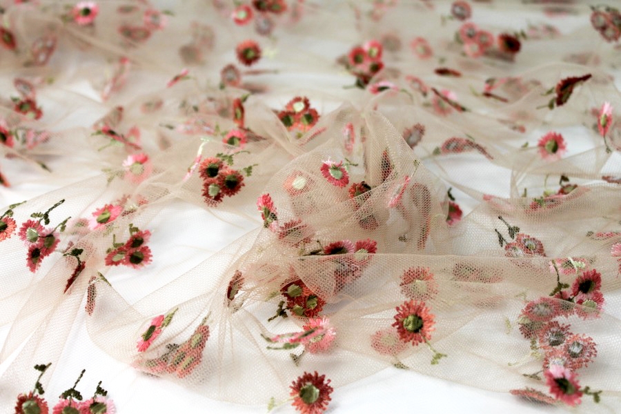 Floral Embroidered Daisies on Tulle - Amber and Pinks on Nude