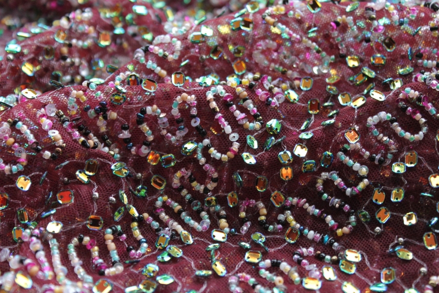 Multi Coloured Iridescrent Sequins and Beads on Burgundy Tulle