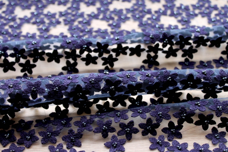 Beaded and Embroidered Flowers on Tulle - Navy