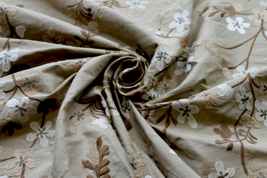 Floral Embroidered Silk Dupion - Taupe