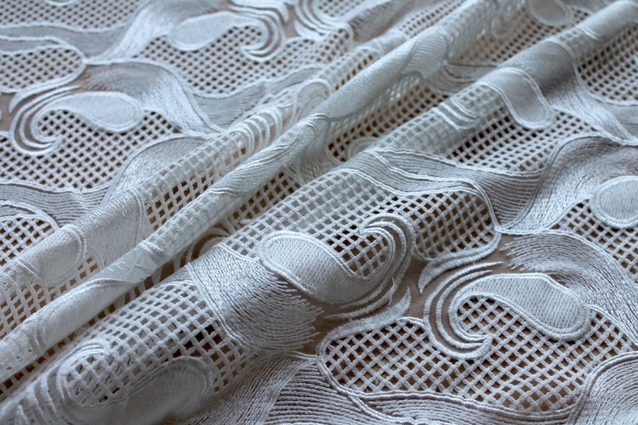 Embroidered Modern Pattern on Tulle - Ivory