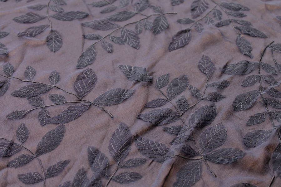 Embroidered Applique Leaf on Navy Silk Georgette