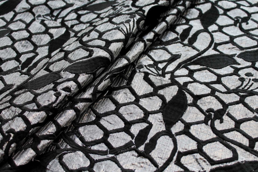 Honeycomb and Leaf Embroidery in Black on Silver Metallic Dupion