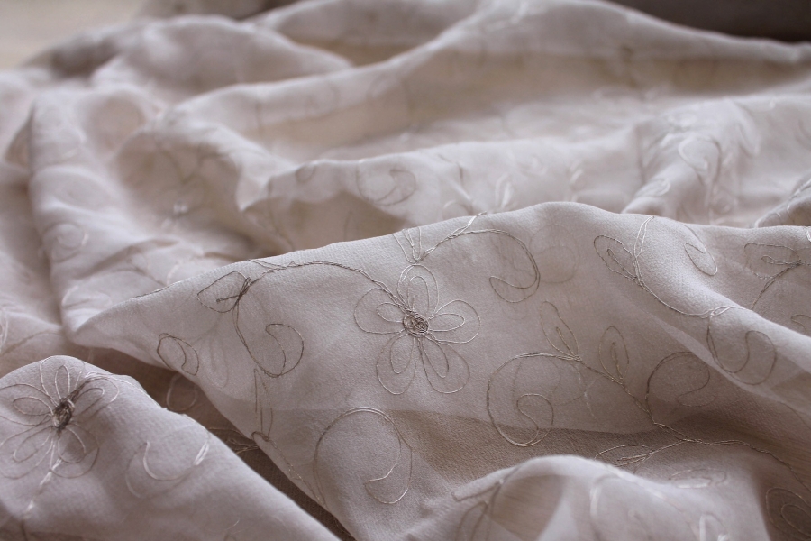 Metallic Floral and Swirl Embroidery on Oyster Silk Chiffon