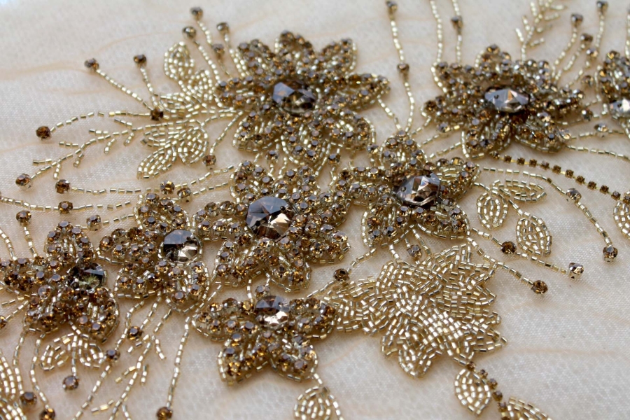 Large Floral Beaded Diamante Motif in Gold