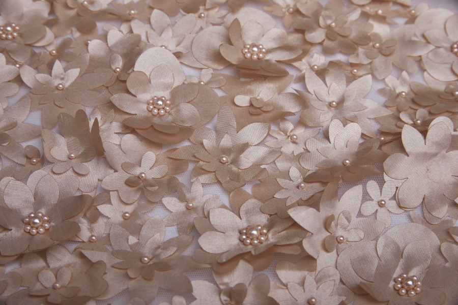 3D Cut Out Flowers with Pearls on Tulle - Nude