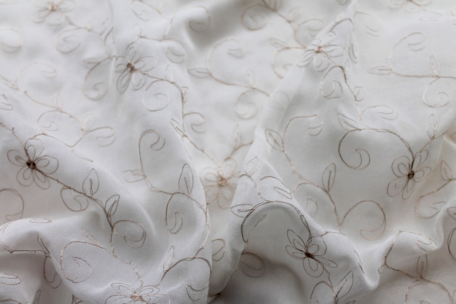 Metallic Floral and Swirl Embroidery on Ivory Silk Chiffon