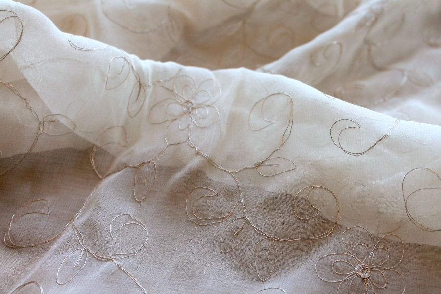 Metallic Floral and Swirl Embroidery on Cream Silk Chiffon