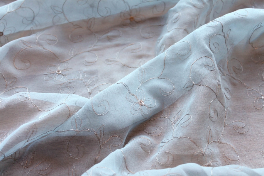 Metallic Floral and Swirl Embroidery on Pale Blue Silk Chiffon