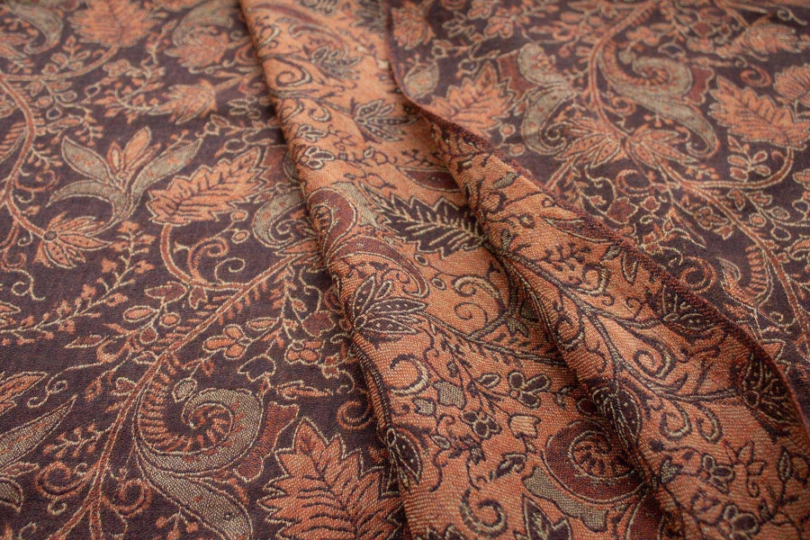 Brown, Beige and Orange Leaf Pattern Wool Challis