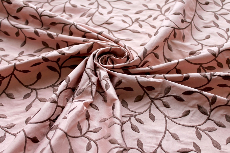 Embroidered Silk Dupion - Olive Leaves and Vines On Pink