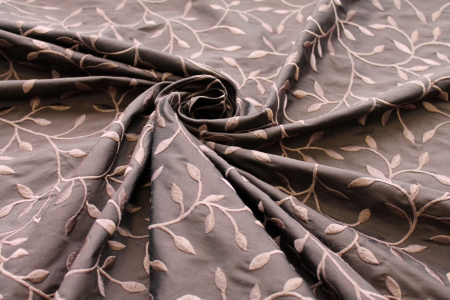 Embroidered Silk Dupion - Brown Leaves and Vines On Brown