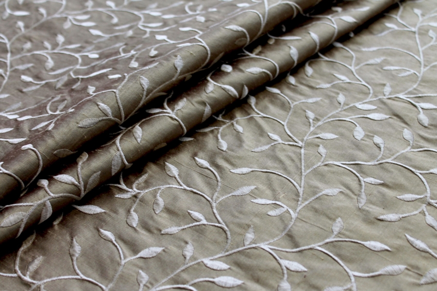 Embroidered Silk Dupion - Golden Leaves and Vines On Deep Gold