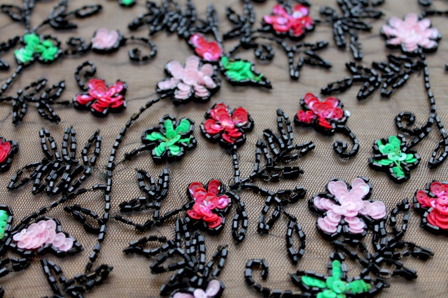 Black Tulle with Pink, Red and Green Sequin Flowers and Black Beads