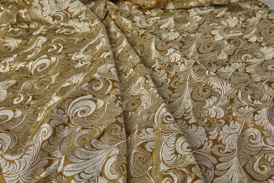 New Large Swirl Embroidered Dupion - Gold Metallic on Dark Gold