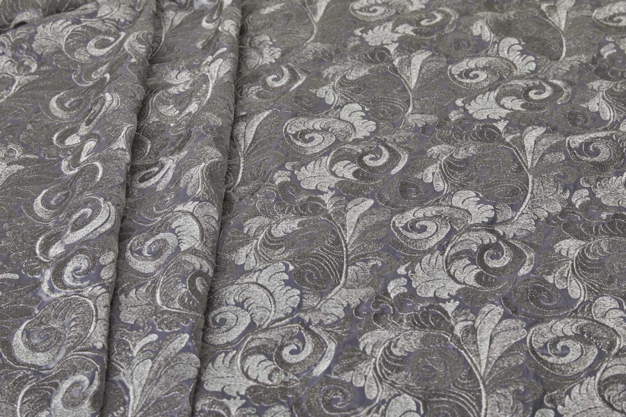 New Large Swirl Embroidered Dupion - Silver Metallic on Pale Grey