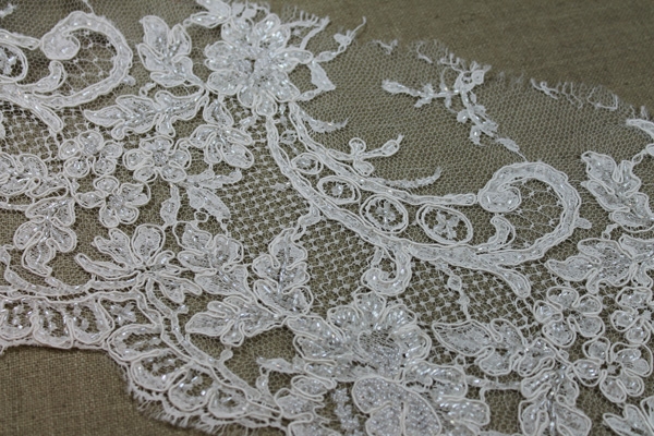 Beaded Corded Scroll Border Lace Trim - Ivory