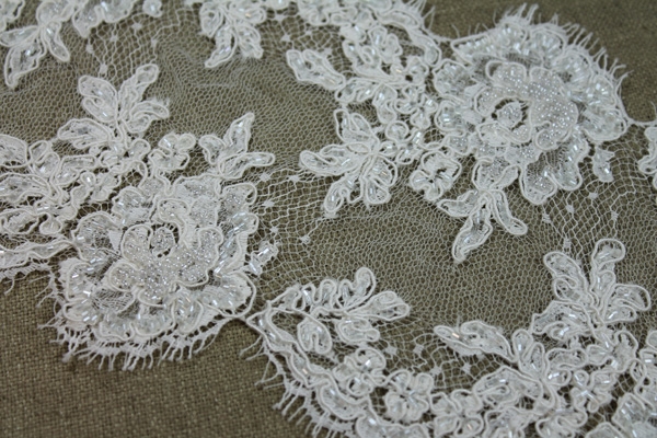 Beaded Corded Floral Lace Trim - Ivory