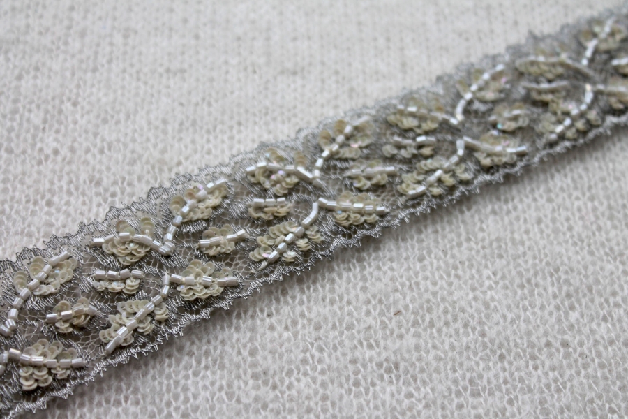 NEW BRIDAL - Beaded and Sequinned Lace Trim - Silver / Cream