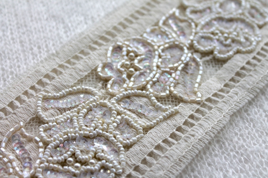 NEW BRIDAL - Beaded and Sequinned Wide Band Trim - Off White