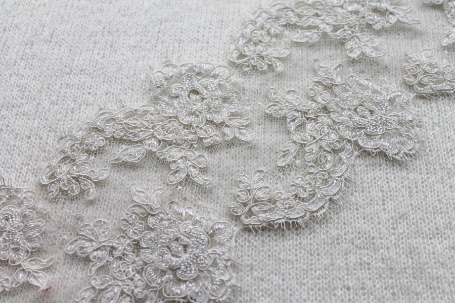 Beaded Corded Floral Lace Trim - Ivory