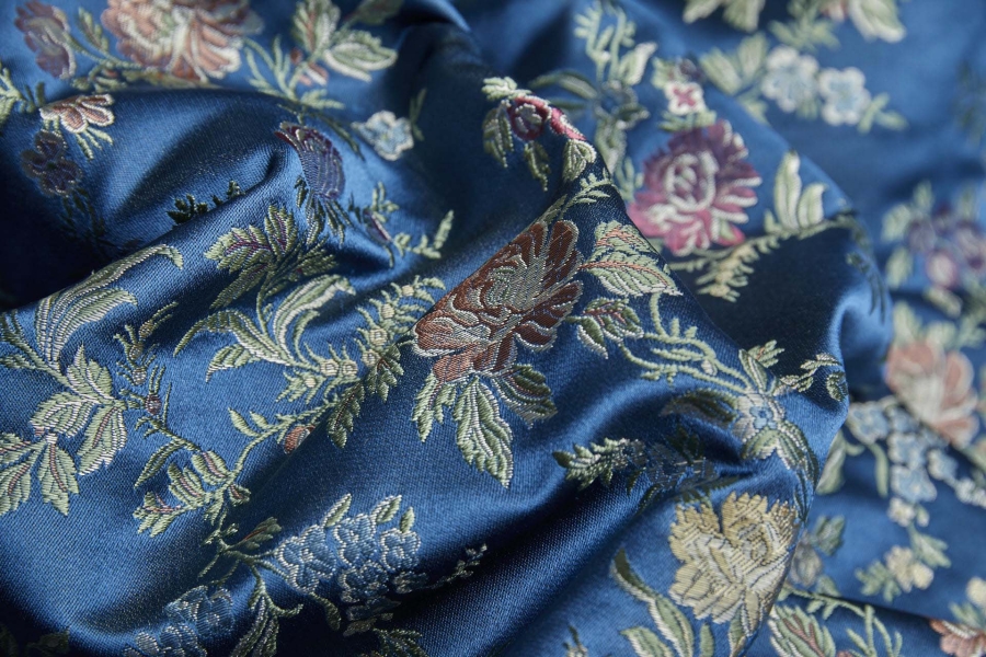 Classic Regency Floral Brocade - Teal with Coral, Green, Yellow and Blue
