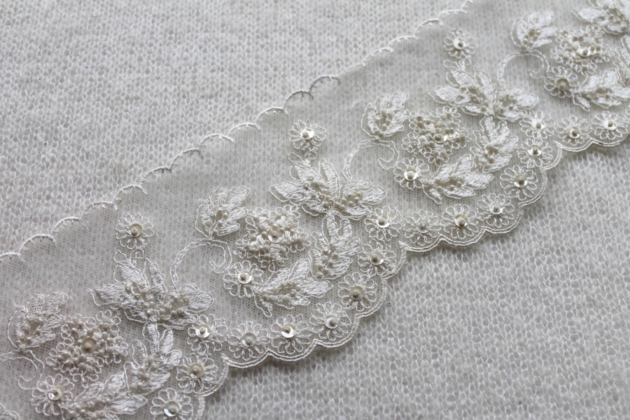 NEW BRIDAL - Embroidered, Beaded and Sequinned Tulle Trim - Ivory