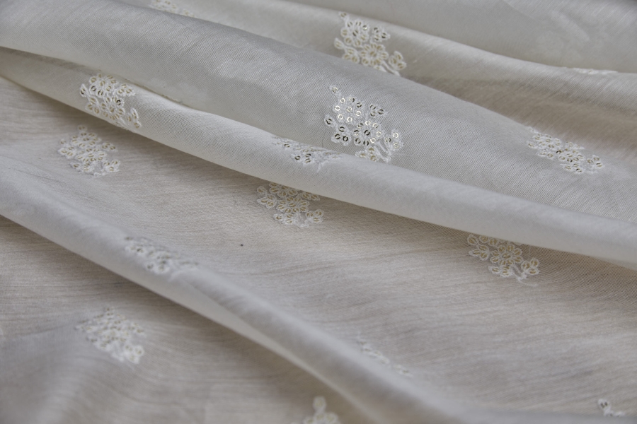 Dainty Ivory Flowers Embroidered with Gold Sequins on Sheer Silk and Cotton Tassar