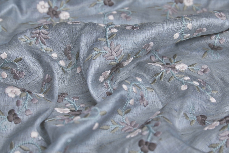 Grey, Mauve, and Pink Floral Embroidery with Sage Leaves on Dusty Blue Tassar