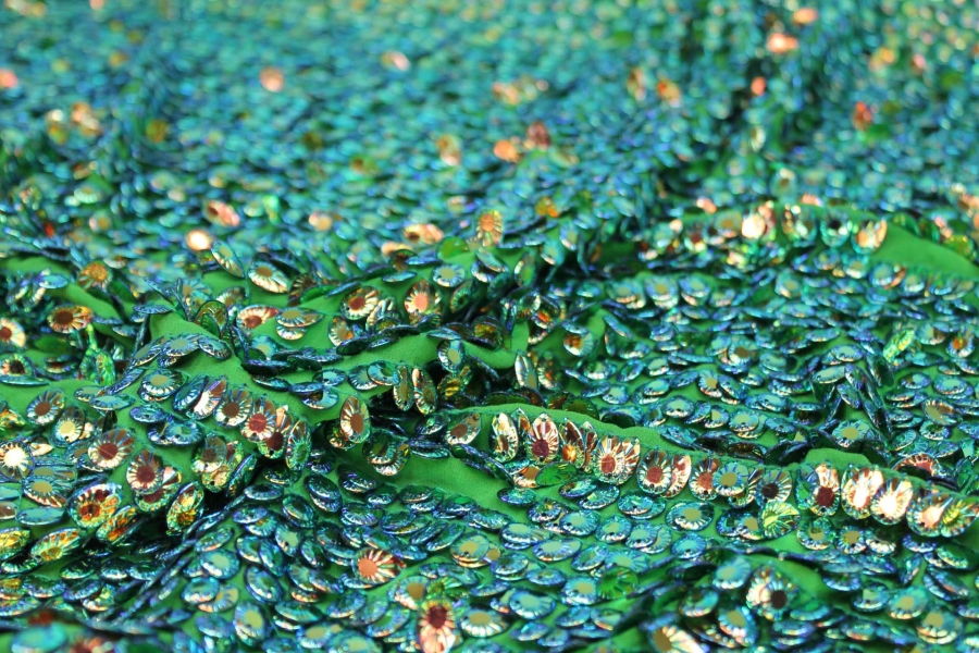 Dragon Scale Sequin in Iridescent Green On Silk Chiffon