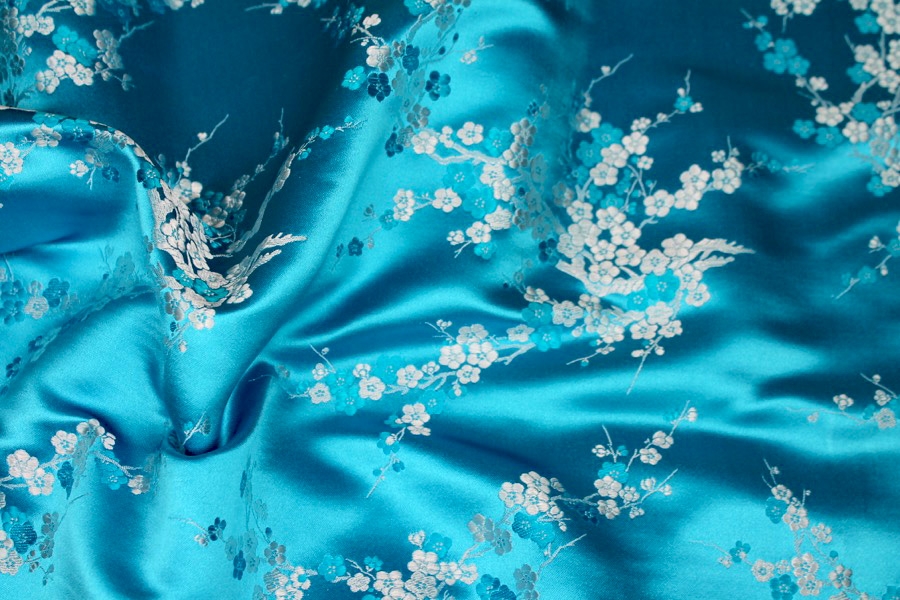 Chinese Brocade - Turquoise and White Cherry Blossom 