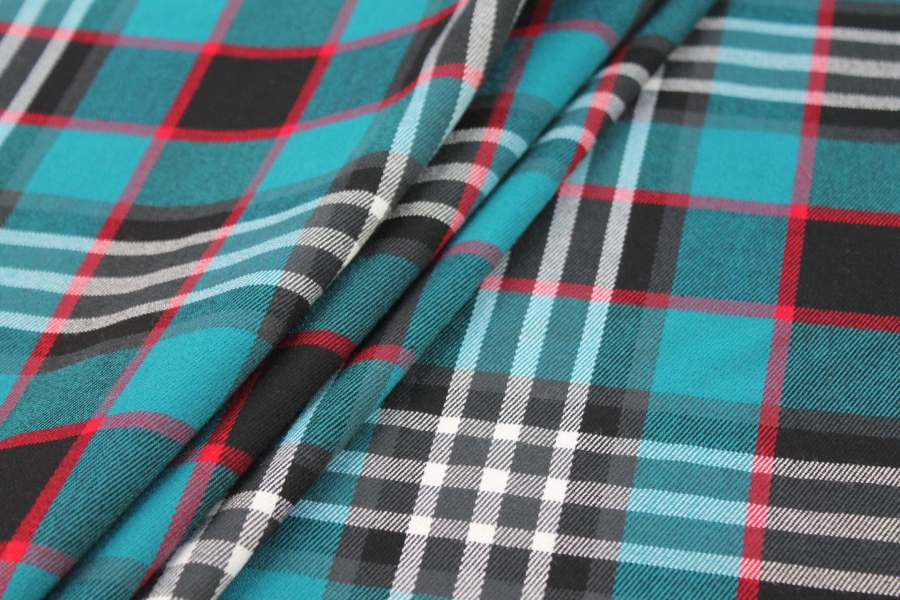 Stretch Tartan - Teal, Red, Black and White