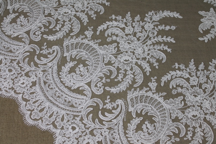 Corded Embroidered Tulle - Ivory - Double Scallop