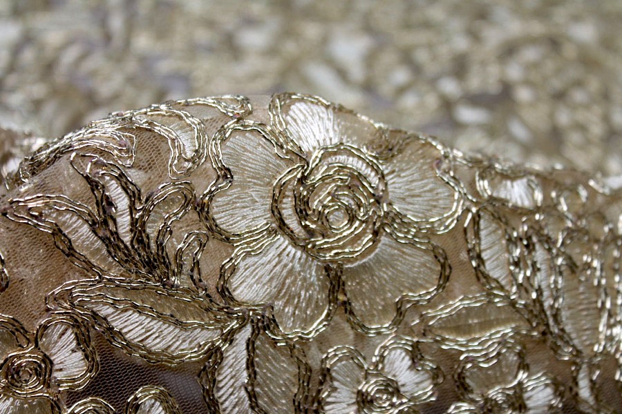 Gold Corded Embroidered Tulle