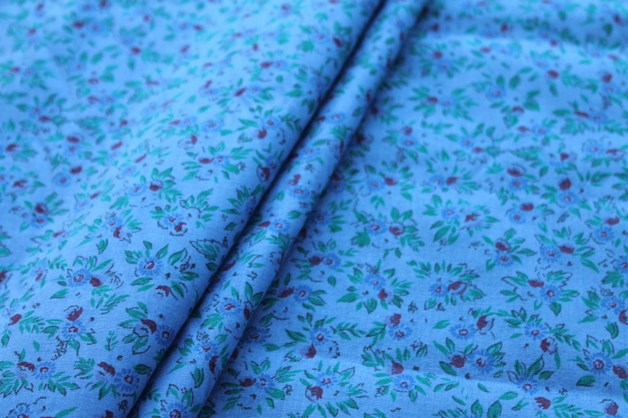 Vintage Printed Cotton - Green, Red and Blue on Mid Blue