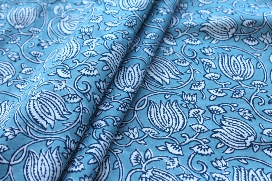 Printed Cotton Lawn - White and Navy Floral on Ocean Blue