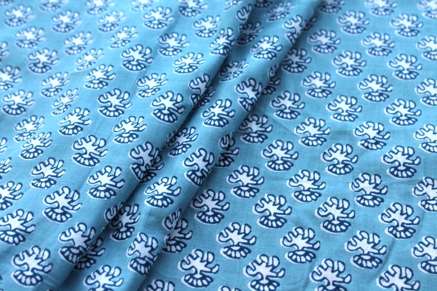 Printed Cotton Lawn - Off White and Dark Blue on Pale Blue