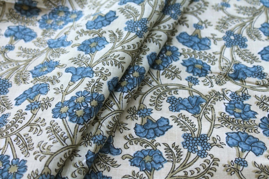 Printed Cotton Lawn - Blue and Khaki Floral on Pale Yellow