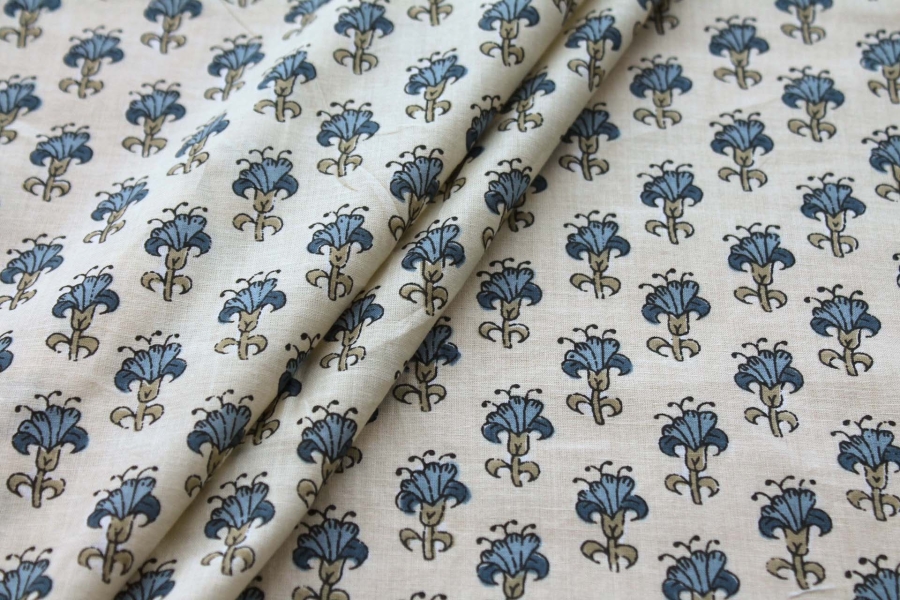Printed Cotton Lawn - Blue and Khaki on Pale Yellow