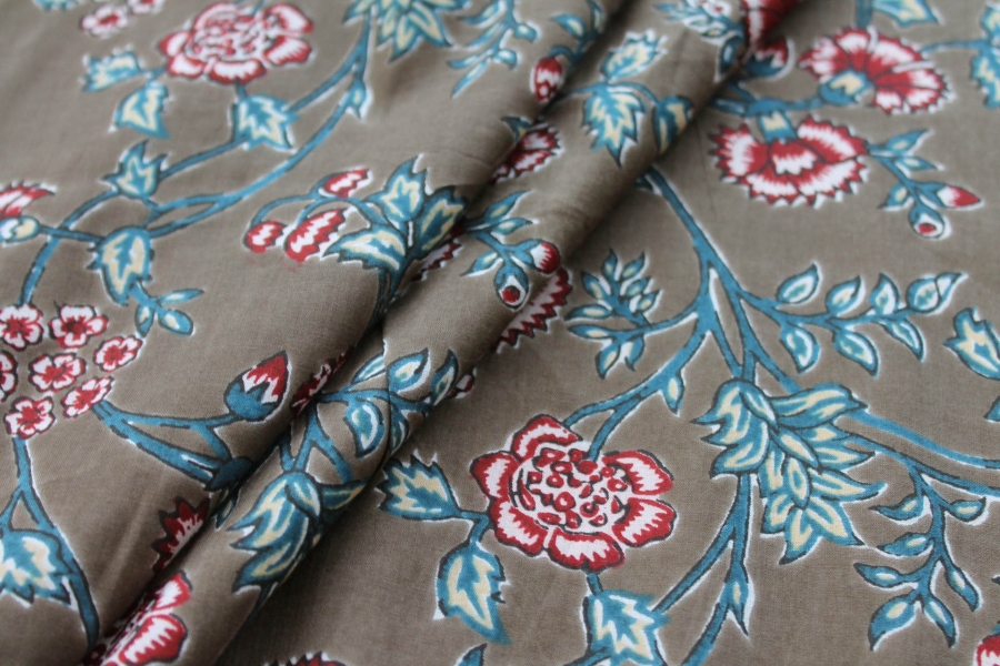 Printed Cotton Lawn - Dark Red and Blue Floral on Mushroom Brown