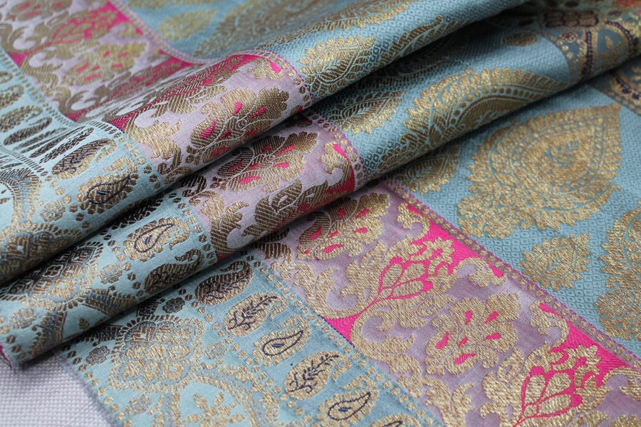 Banaras Brocade - Stripe Paisley in Dusty Blues, Pinks and Navy Blue