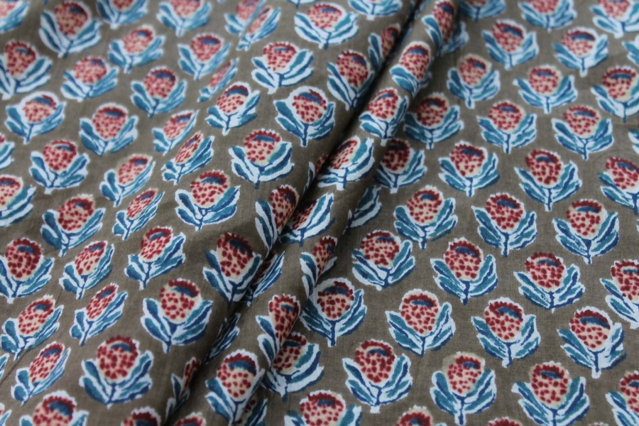Printed Cotton Lawn - Dark Red, White and Blue on Mushroom Brown