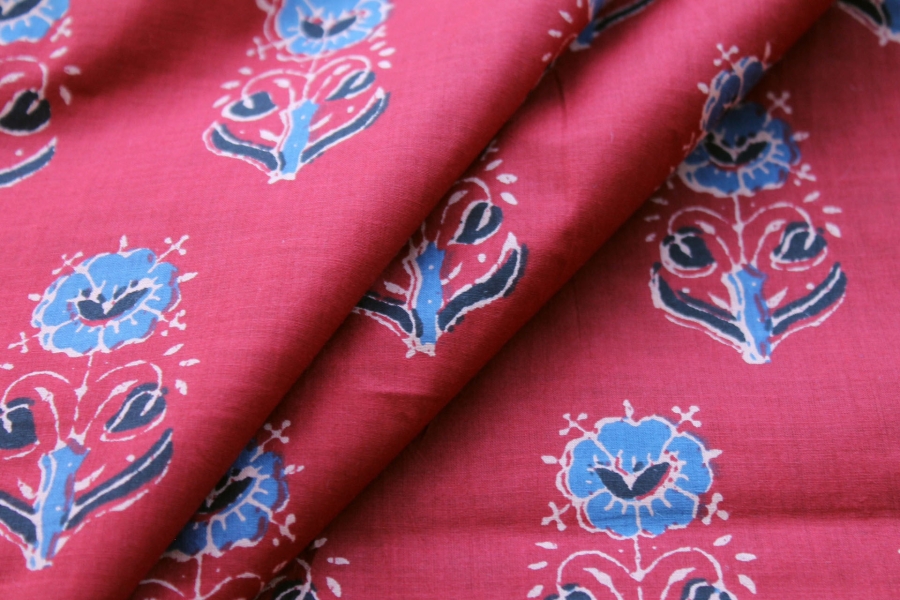 Printed Cotton Lawn - Blue, Navy and Beige on Dark Red