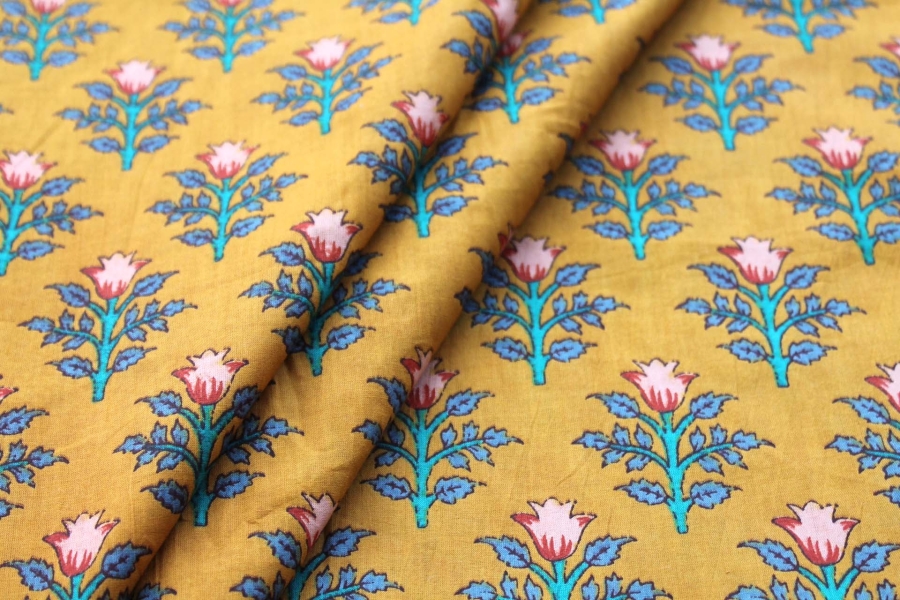 Printed Cotton Lawn - Red, Pink, Teal and Blue Floral on Saffron Yellow