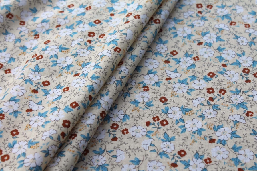Printed Cotton Lawn - White, Tan and Blue on Pale Yellow