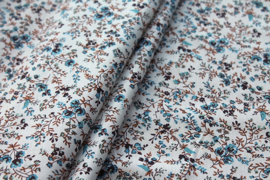 Printed Cotton Lawn - Plum, Tan and Blue on Off White